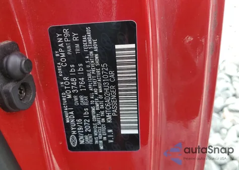 2017 Hyundai Veloster from USA, damaged, VIN KMHTC6AD2HU310725